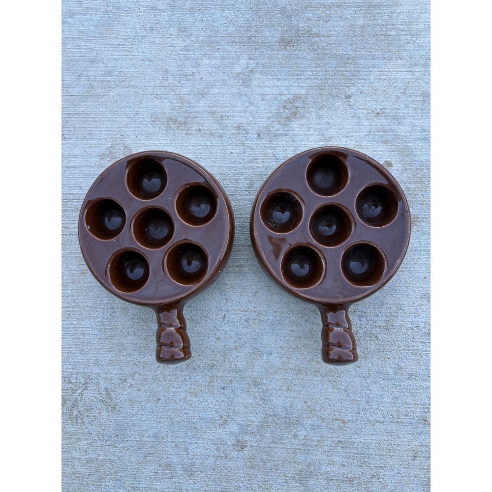 Vintage Brown Ceramic Escargot Dishes Set Snail Baking Plates 6-Hole MCM Retro‎